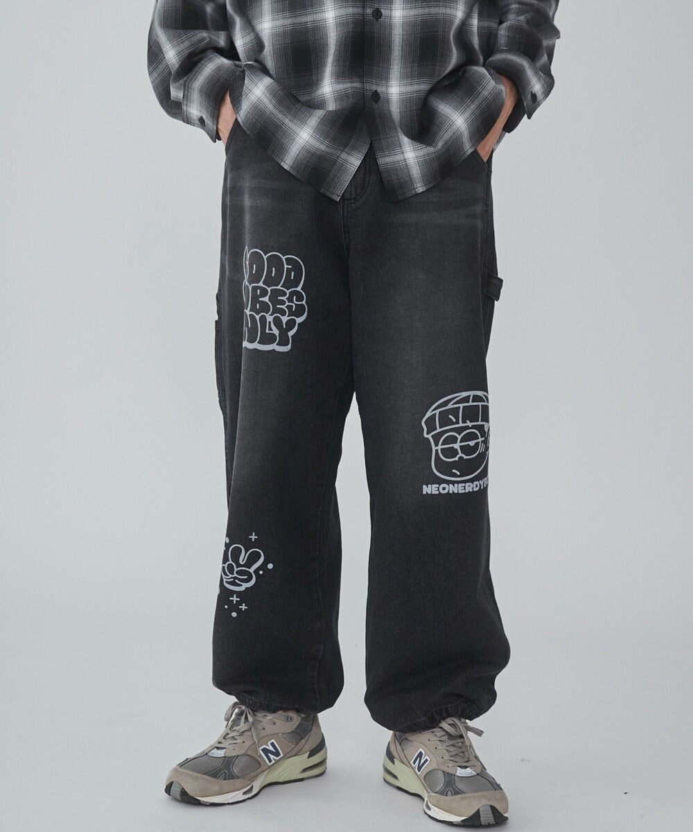 WEGO 【ウエスト紐で調整】イージーペインターグラフィックデニムパンツ 