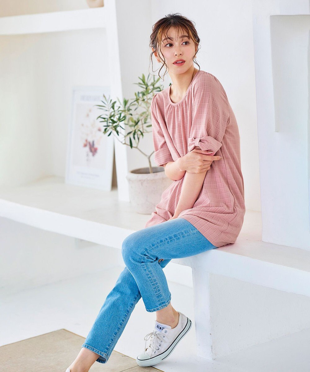 Tiaclasse L 【洗える】シアーチェックリボン袖チュニックブラウス 