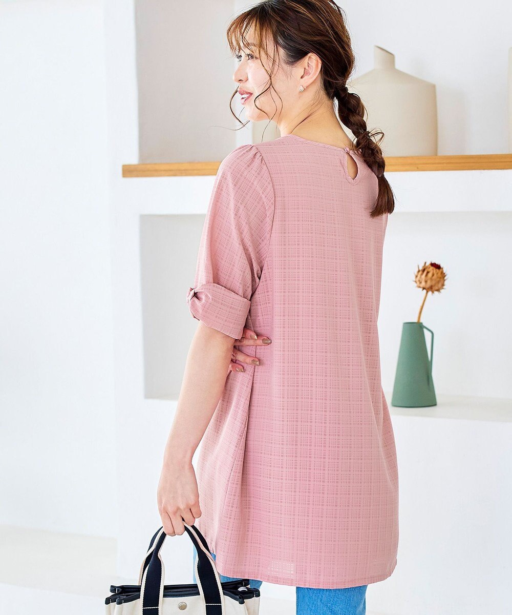 Tiaclasse L 【洗える】シアーチェックリボン袖チュニックブラウス 