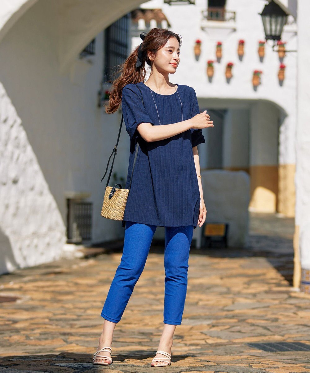 Tiaclasse L 【洗える】シアーチェックリボン袖チュニックブラウス 