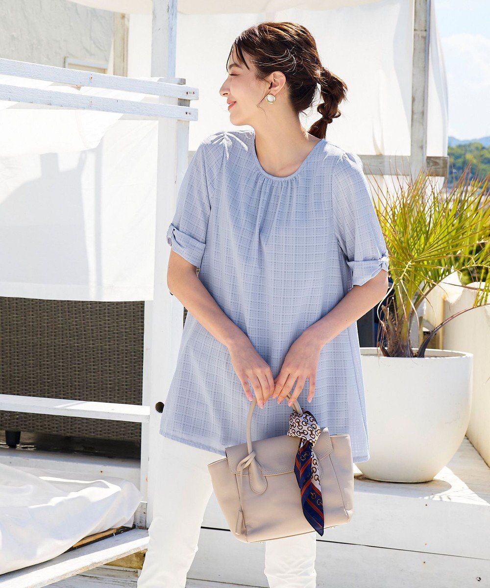 Tiaclasse L 【洗える】シアーチェックリボン袖チュニックブラウス 