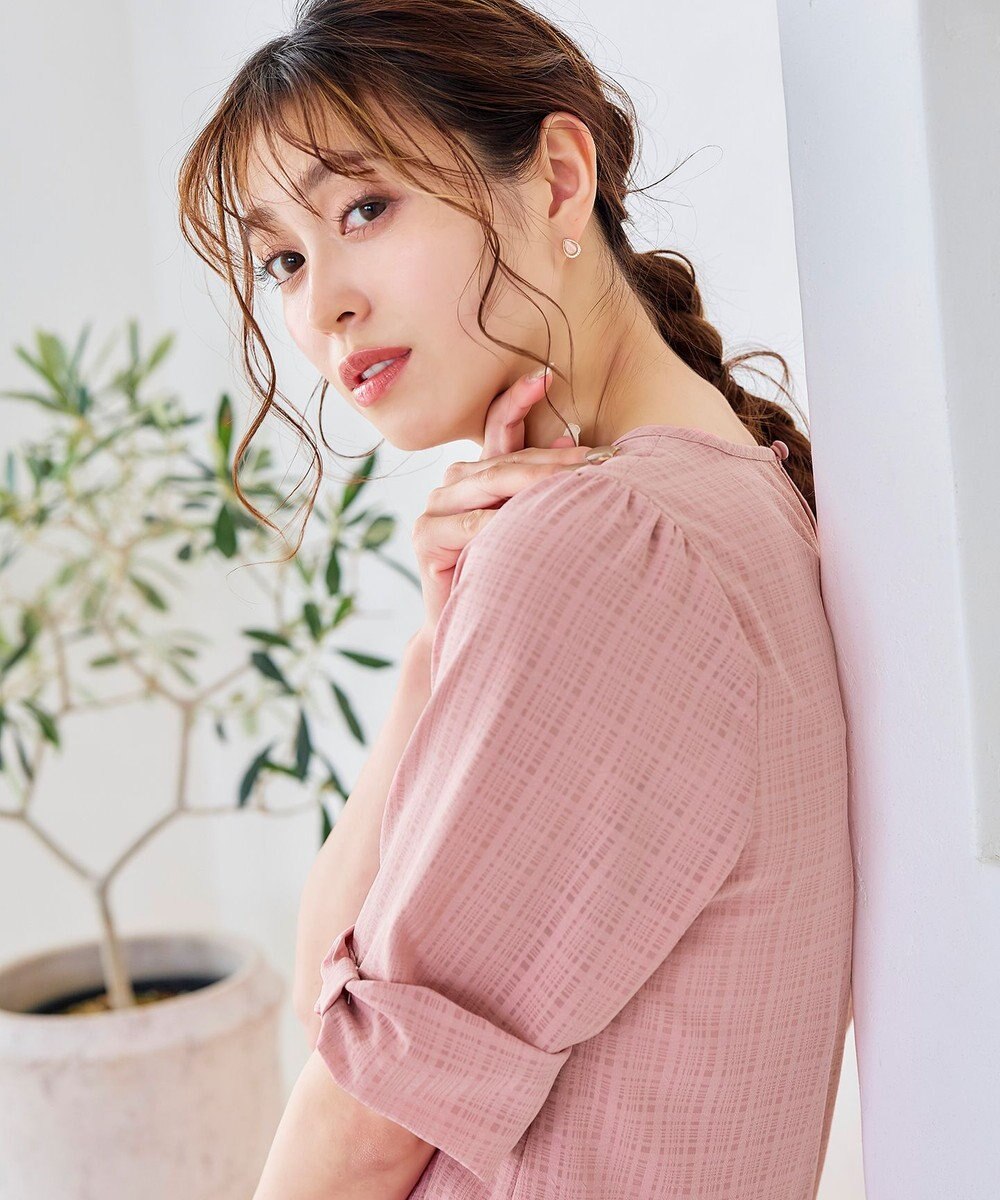 Tiaclasse L 【洗える】シアーチェックリボン袖チュニックブラウス 