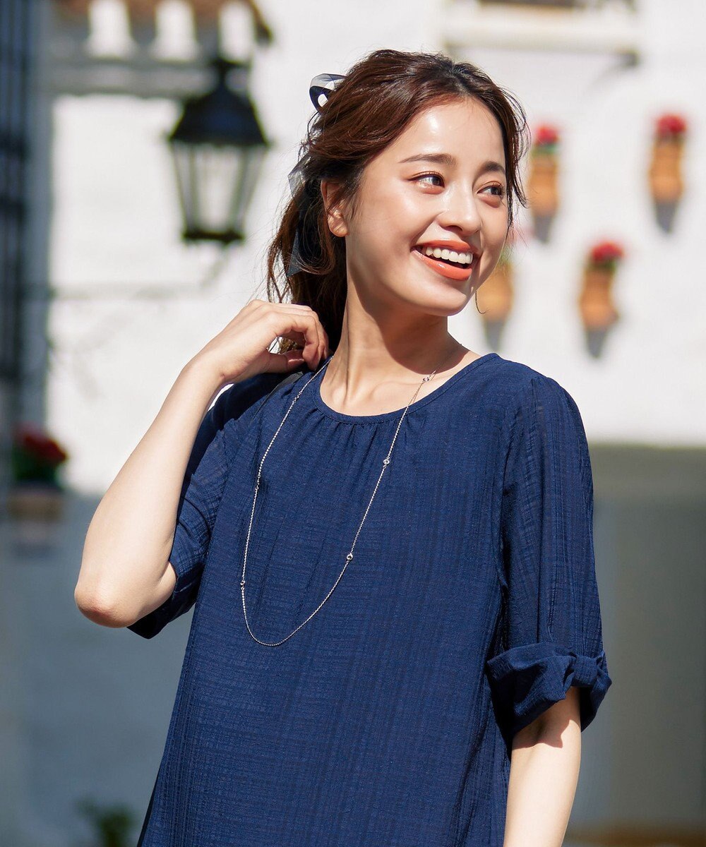 Tiaclasse L 【洗える】シアーチェックリボン袖チュニックブラウス 