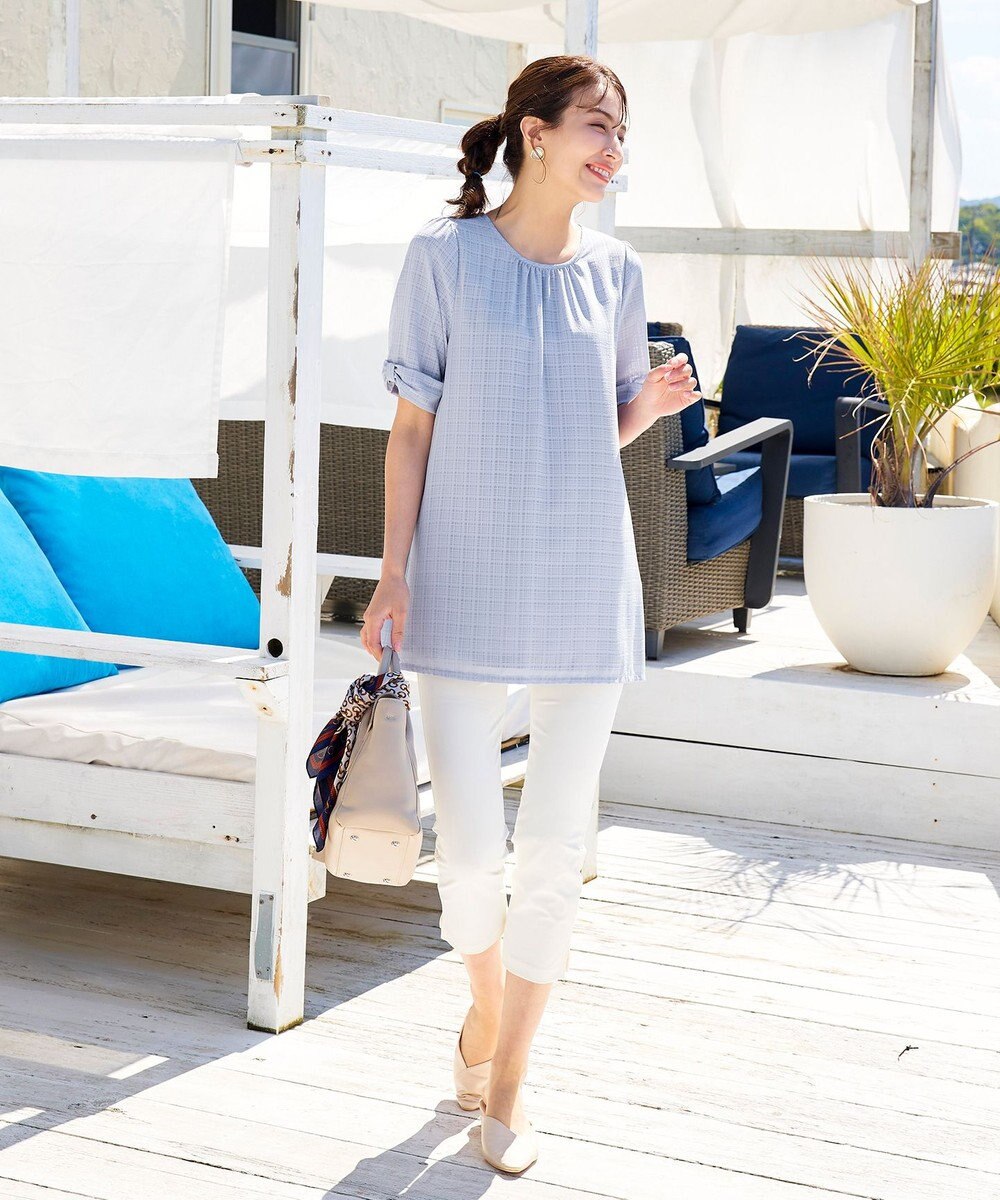 Tiaclasse L 【洗える】シアーチェックリボン袖チュニックブラウス 