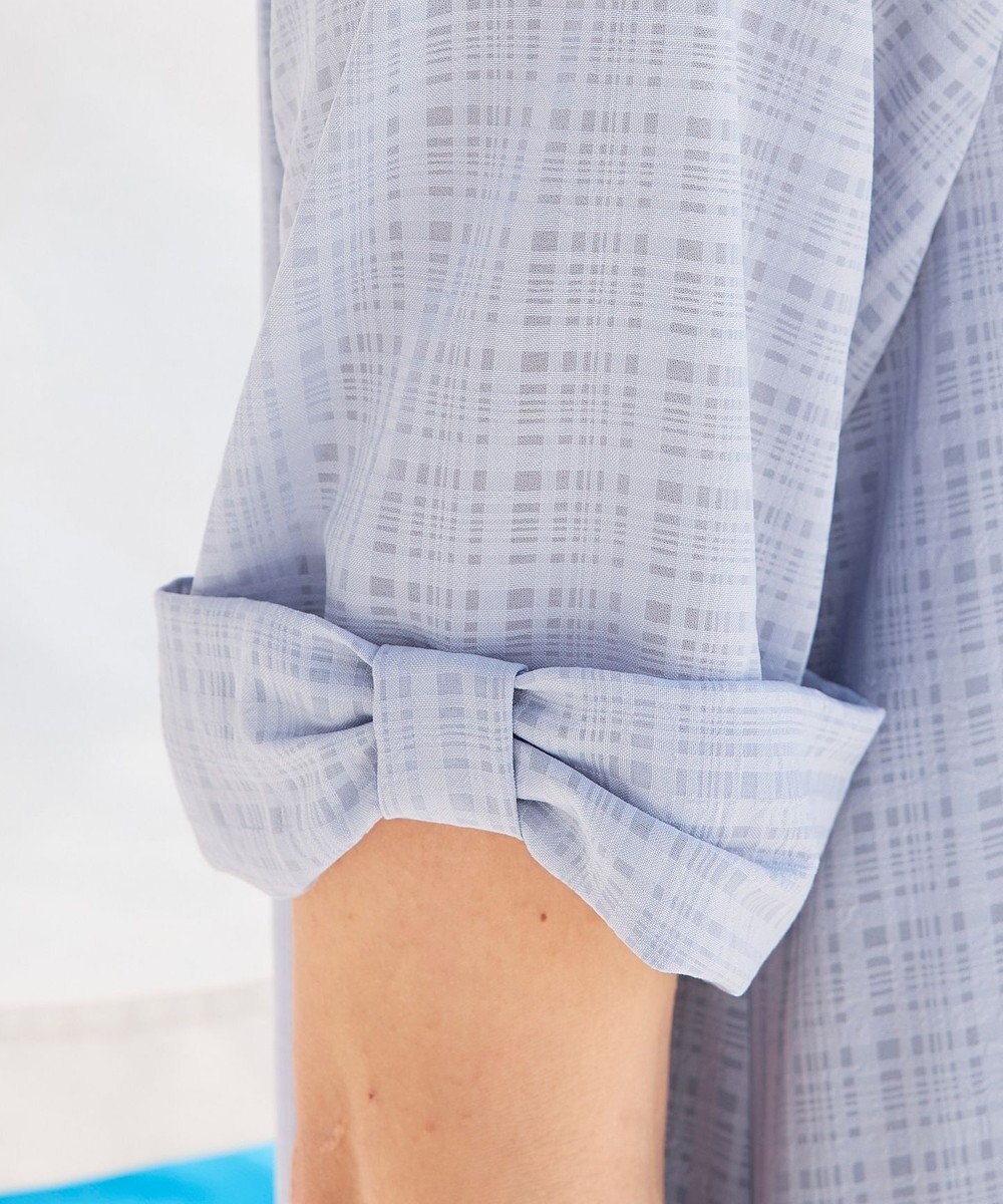 Tiaclasse L 【洗える】シアーチェックリボン袖チュニックブラウス 