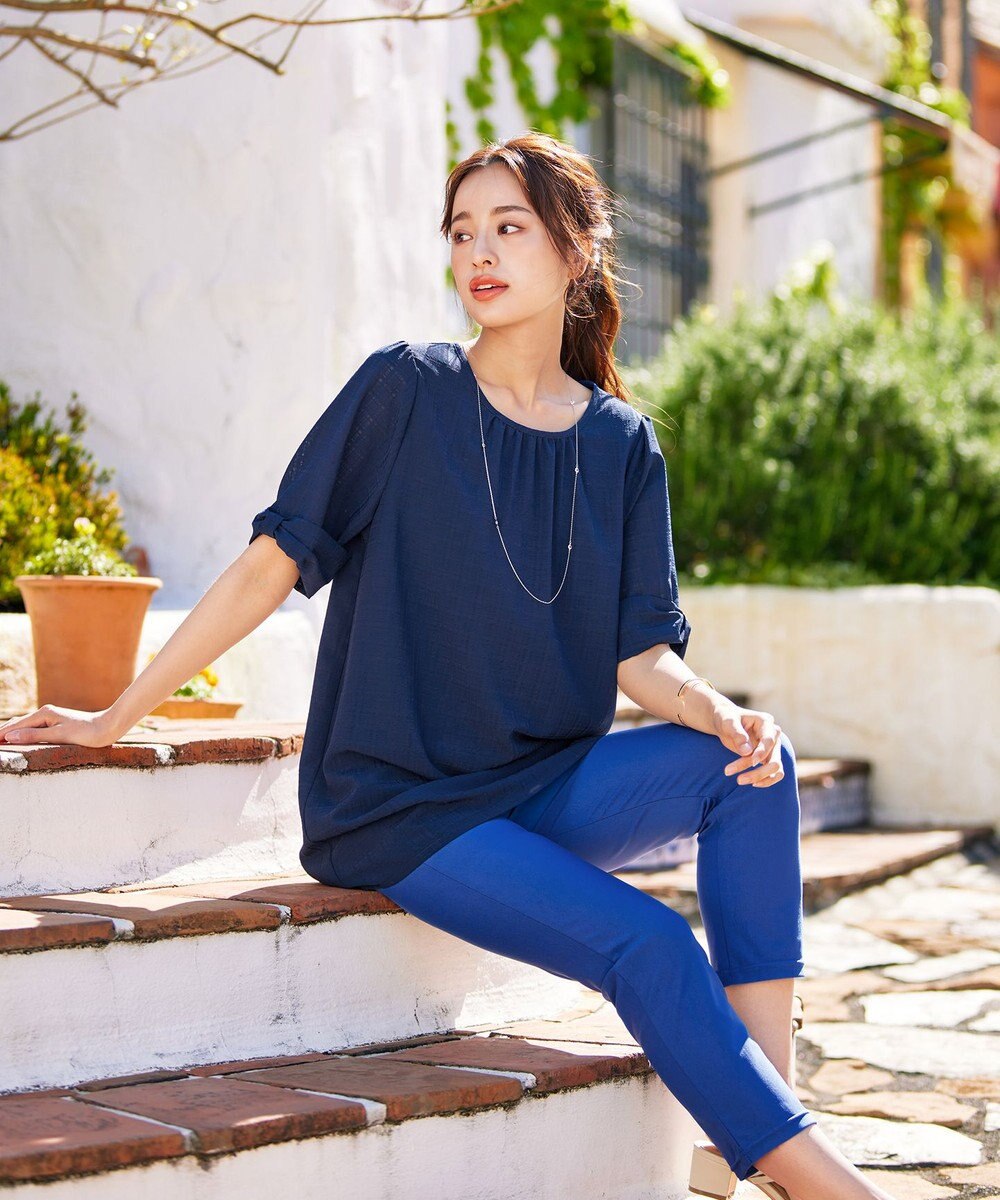 Tiaclasse L 【洗える】シアーチェックリボン袖チュニックブラウス 