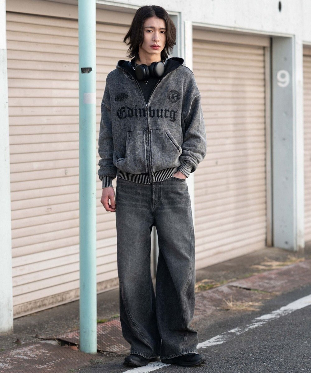 WEGO 【ユニセックス着用ITEM】ブリーチニットグラフィックZIPパーカー 