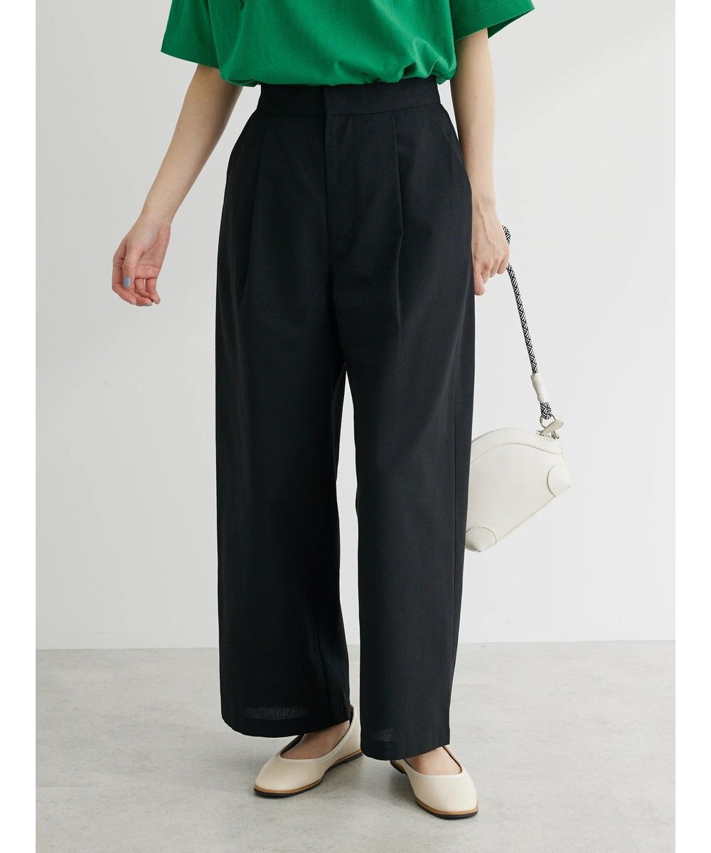 Green Parks 綿麻混タックストレートワイドパンツ 