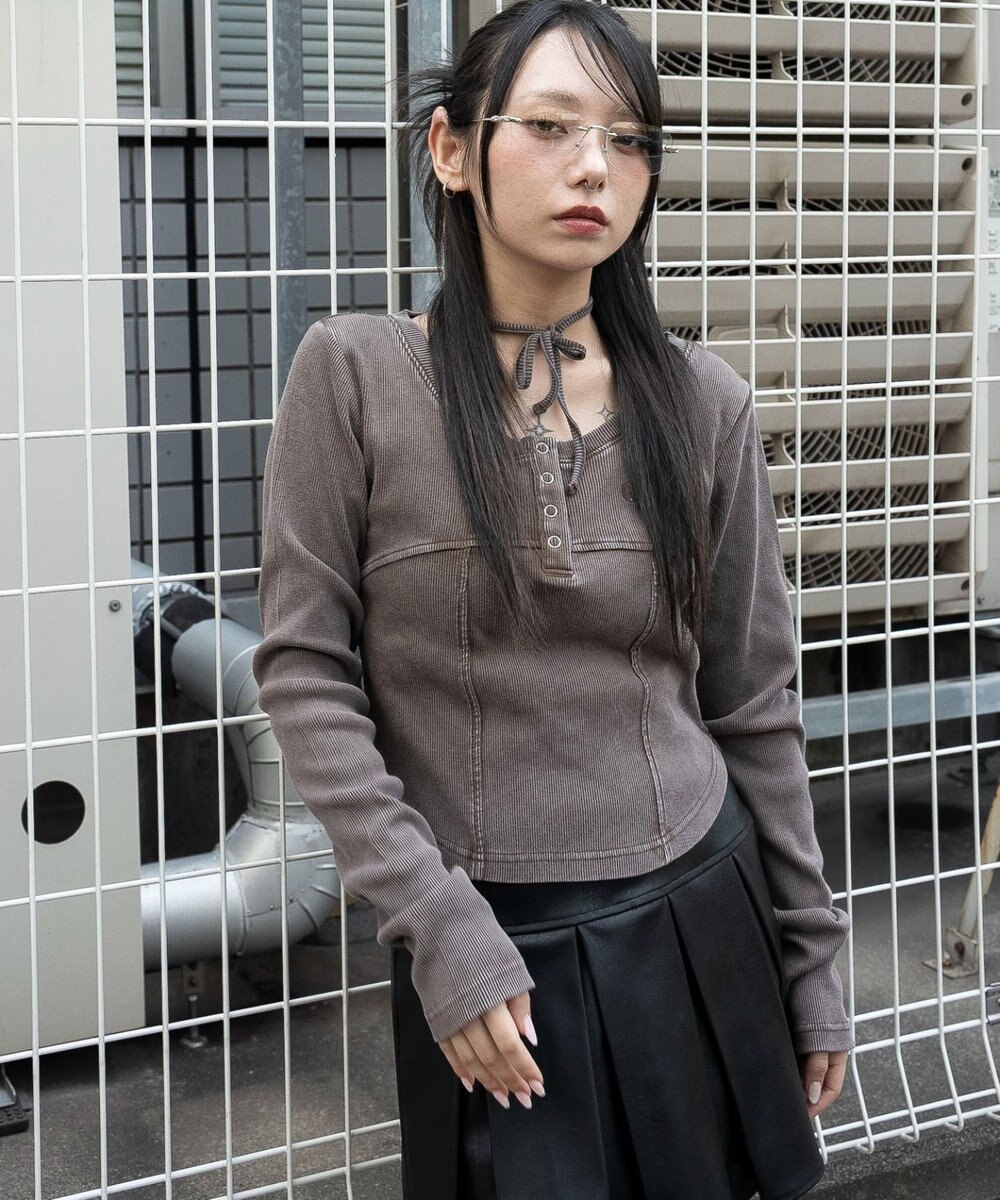 WEGO ヴィンテージウォッシュネックリボントップス 