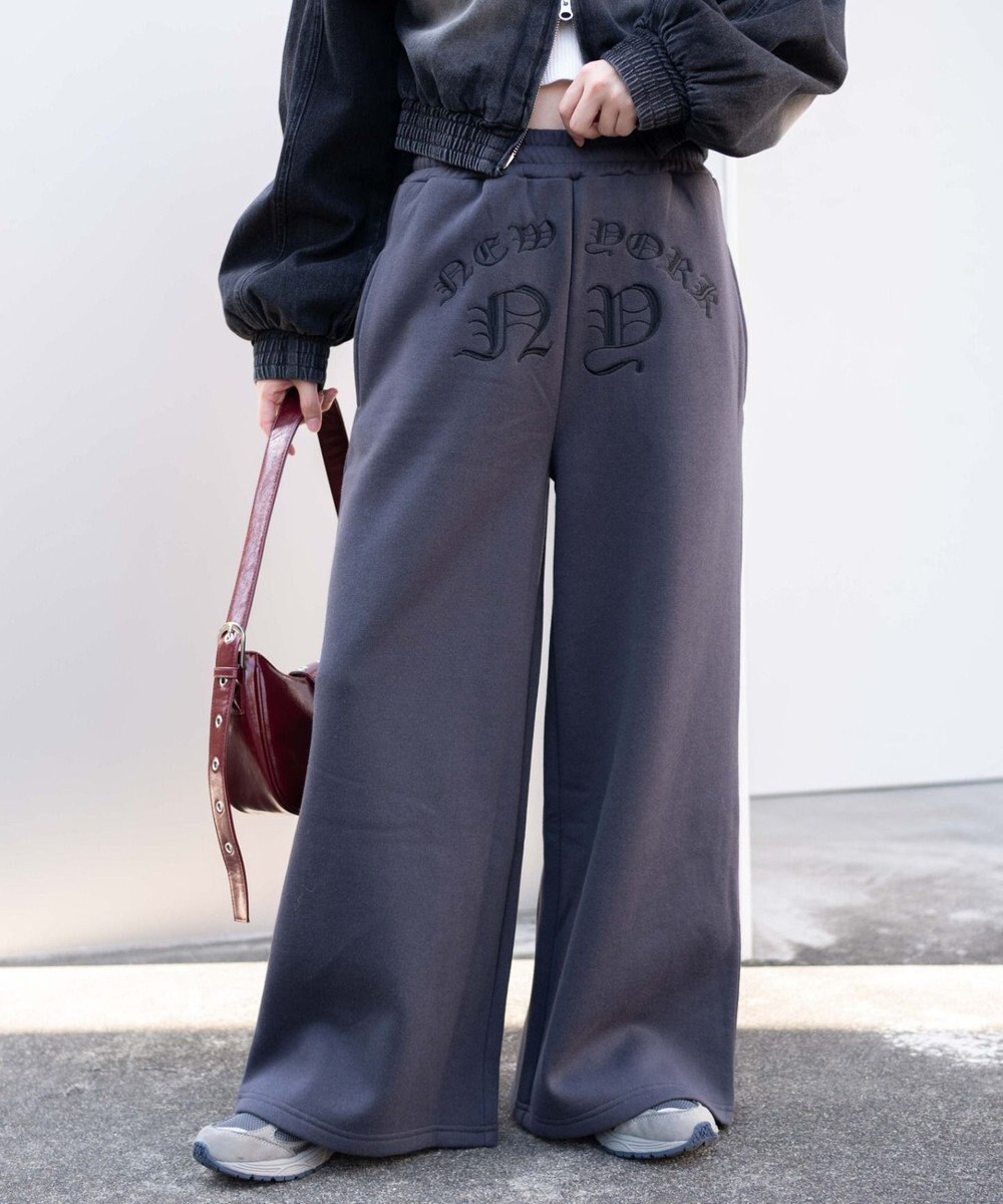 WEGO 【ウエストゴム】グラフィック刺繍裏起毛ワイドSWTパンツ 