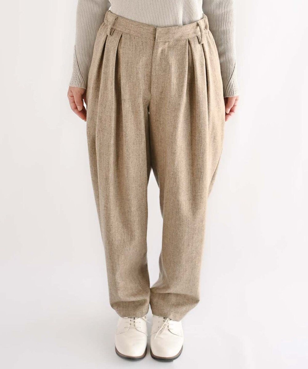 muuc 〈ロングシーズン心地良いウール混〉後ろウエストゴム有り ベルト裏にコットン使用 テーパードスラックスパンツ 