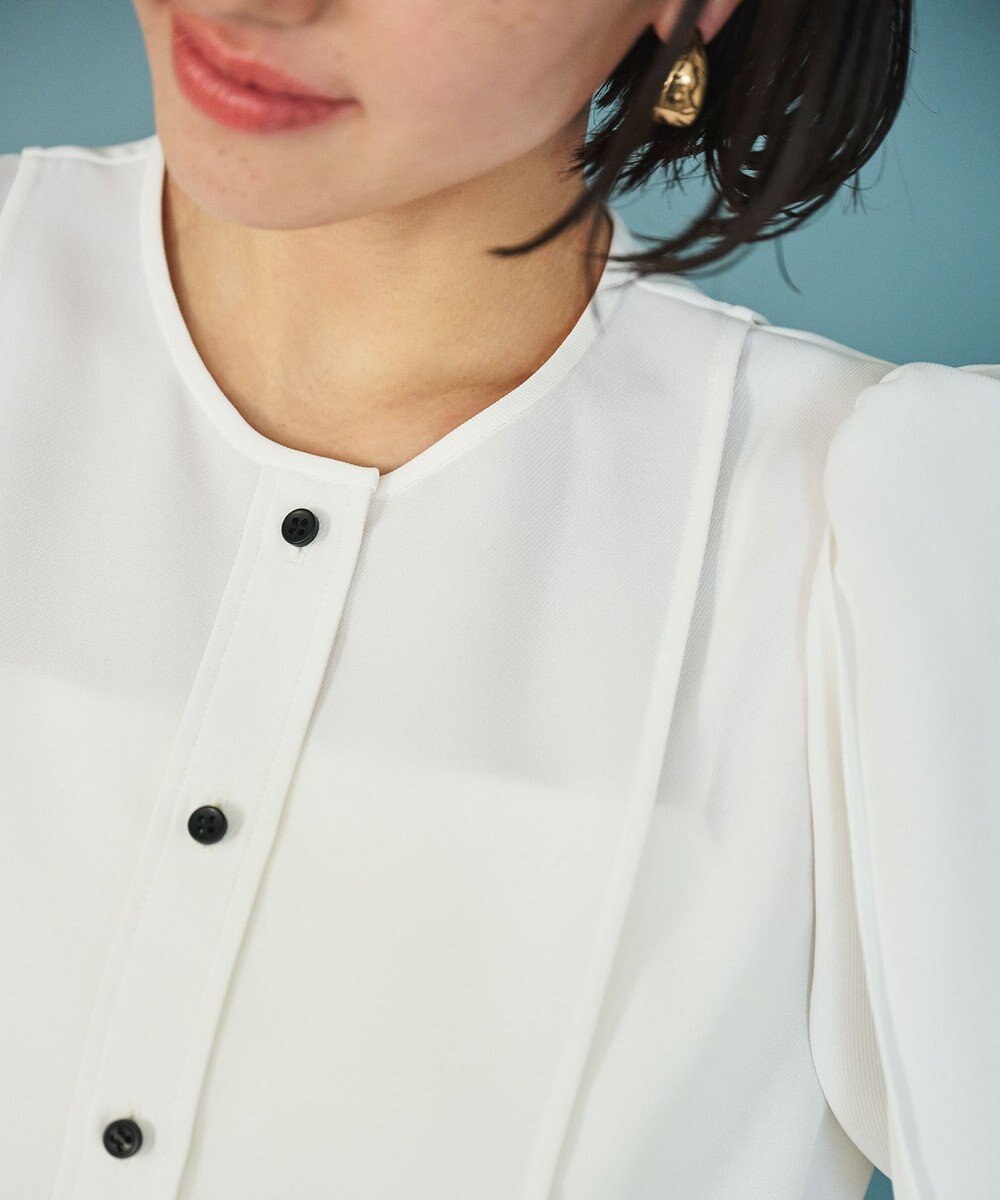 #Newans 【洗濯機可能/シワになりにくい】〈肩幅・二の腕が華奢見えする〉パフスリーブバイカラーブラウス 