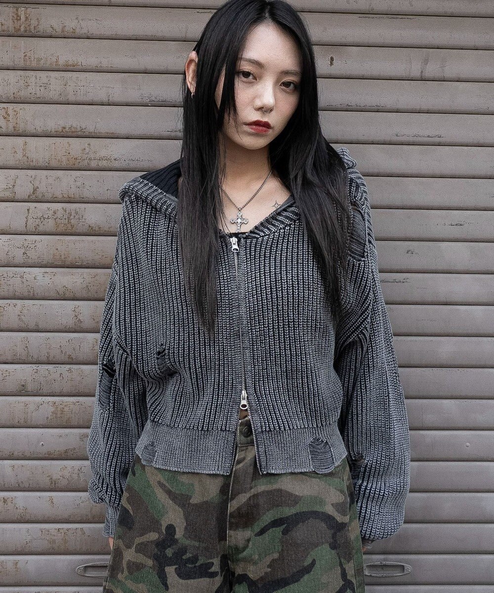 WEGO ダメージニットジップパーカー 