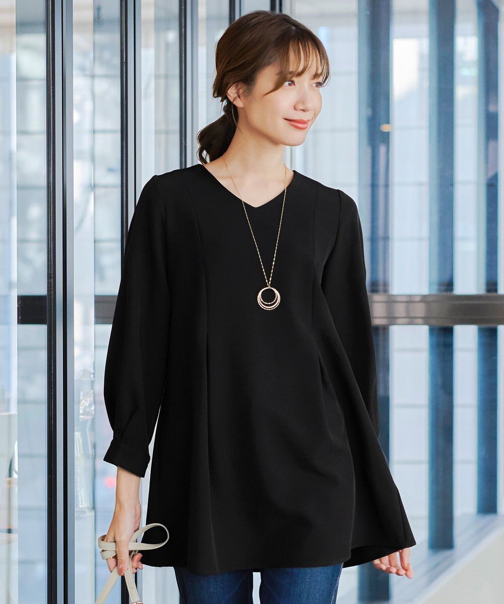 Tiaclasse 【ダブルストレッチ・洗える】バックベルトチュニックブラウス 