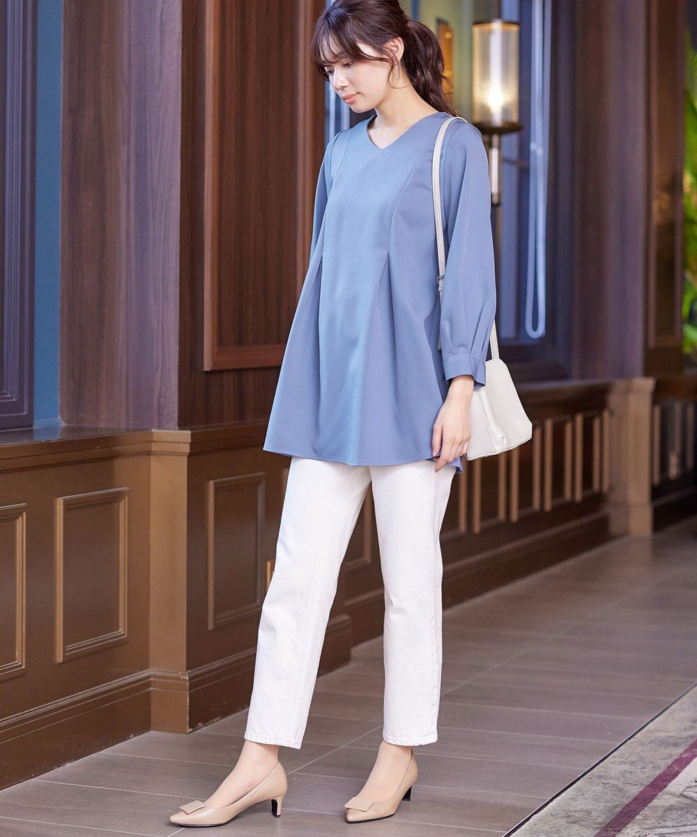 Tiaclasse 【ダブルストレッチ・洗える】バックベルトチュニックブラウス 