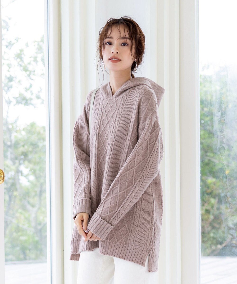 Tiaclasse 【洗える】アラン柄ニットパーカーチュニック 