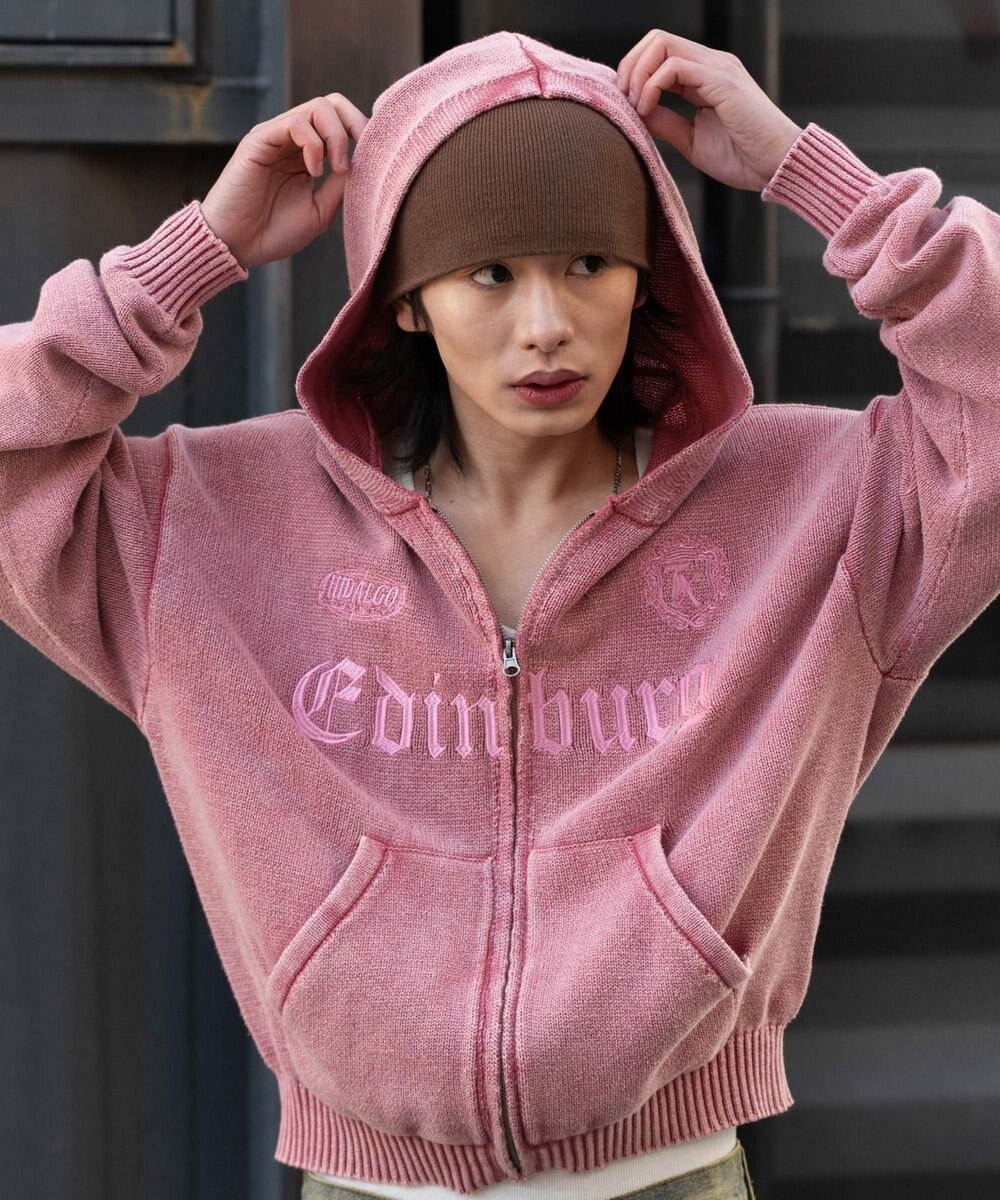 WEGO 【ユニセックス着用ITEM】ブリーチニットグラフィックZIPパーカー 