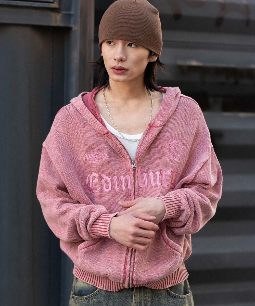 WEGO 【ユニセックス着用ITEM】ブリーチニットグラフィックZIPパーカー 