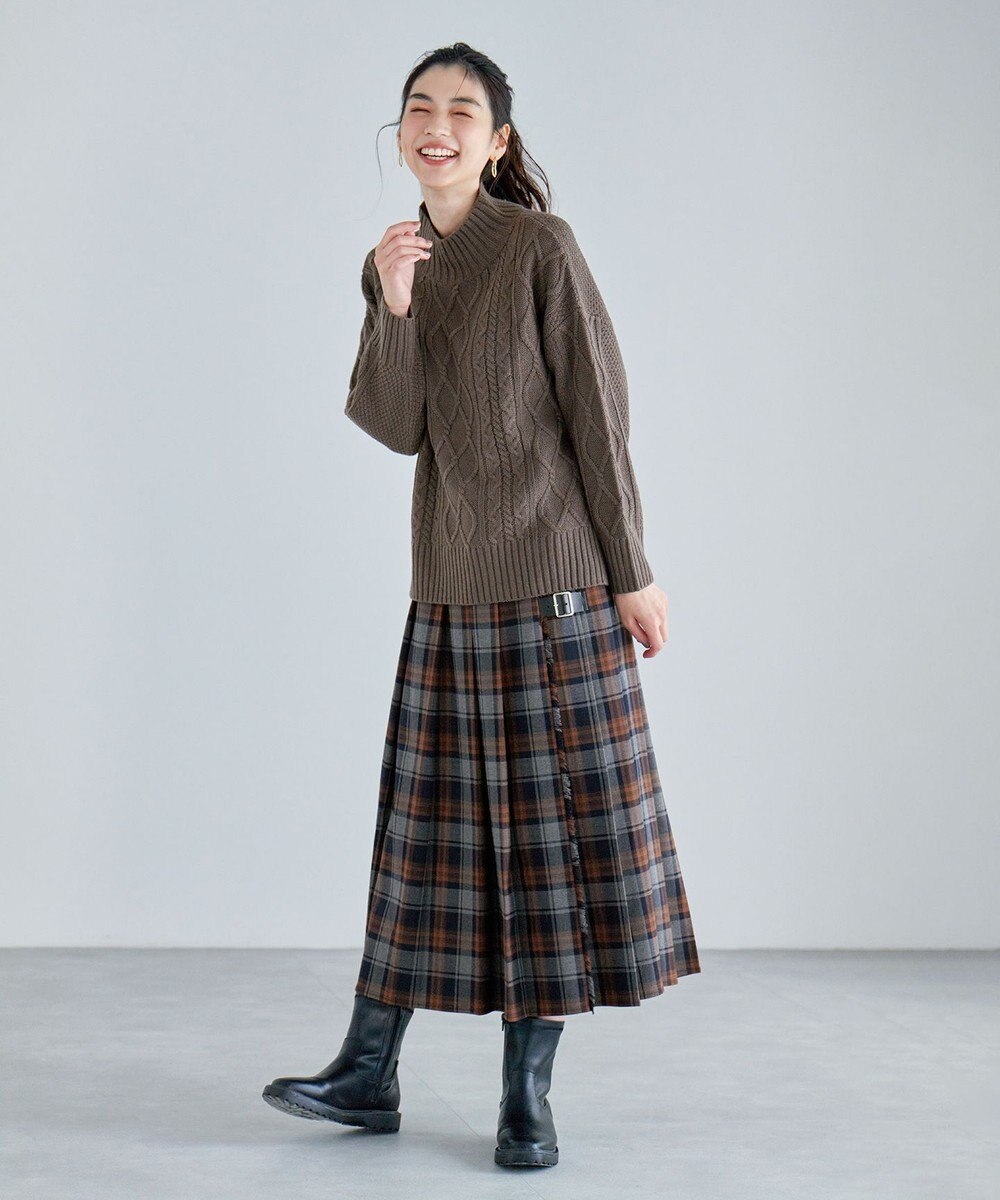 ANY L 【手洗い/ウエストゴム】チェック柄フリンジプリーツスカート 