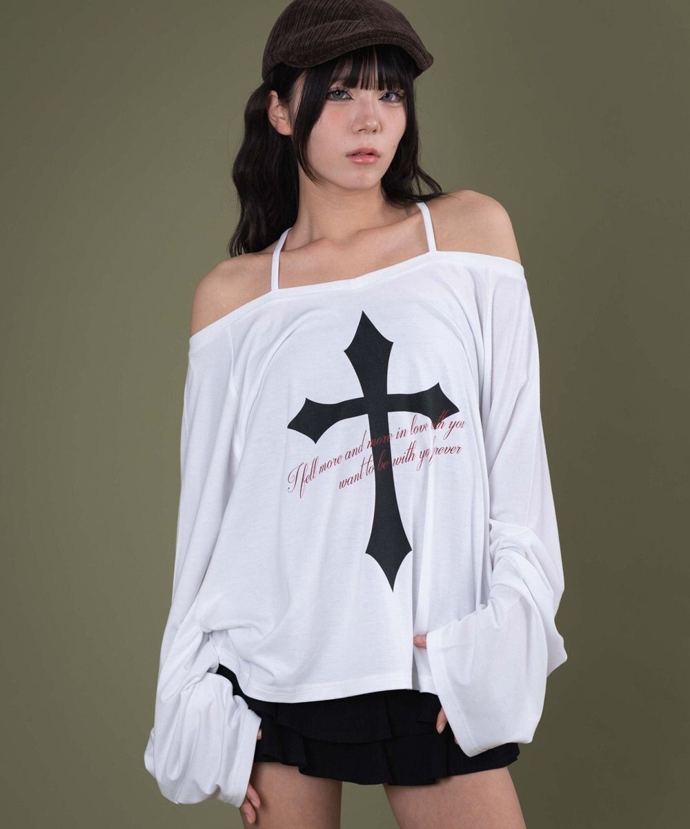 WEGO オフショルダークロスロゴトップ 