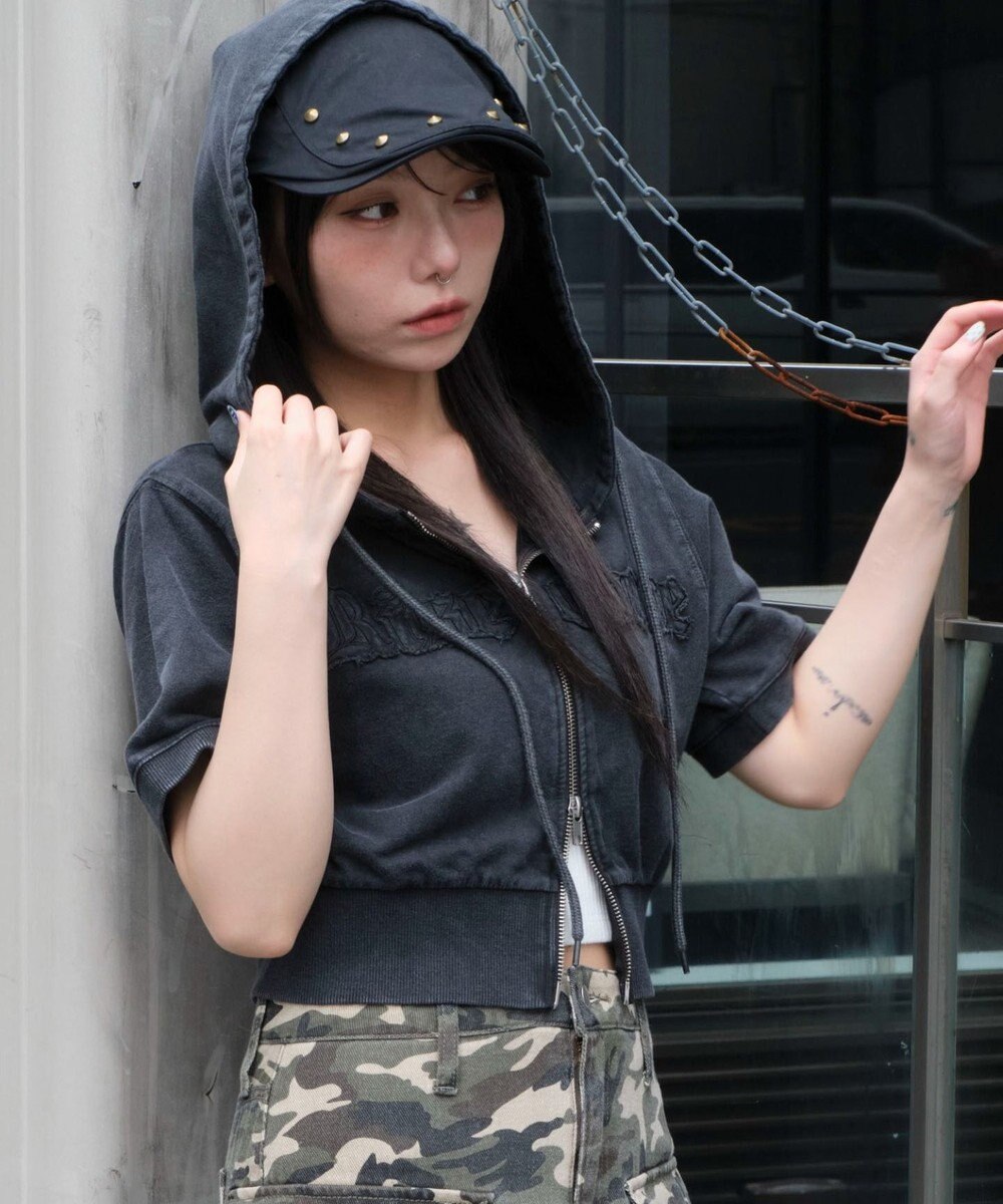 WEGO ヴィンテージウォッシュロゴ半袖パーカー 