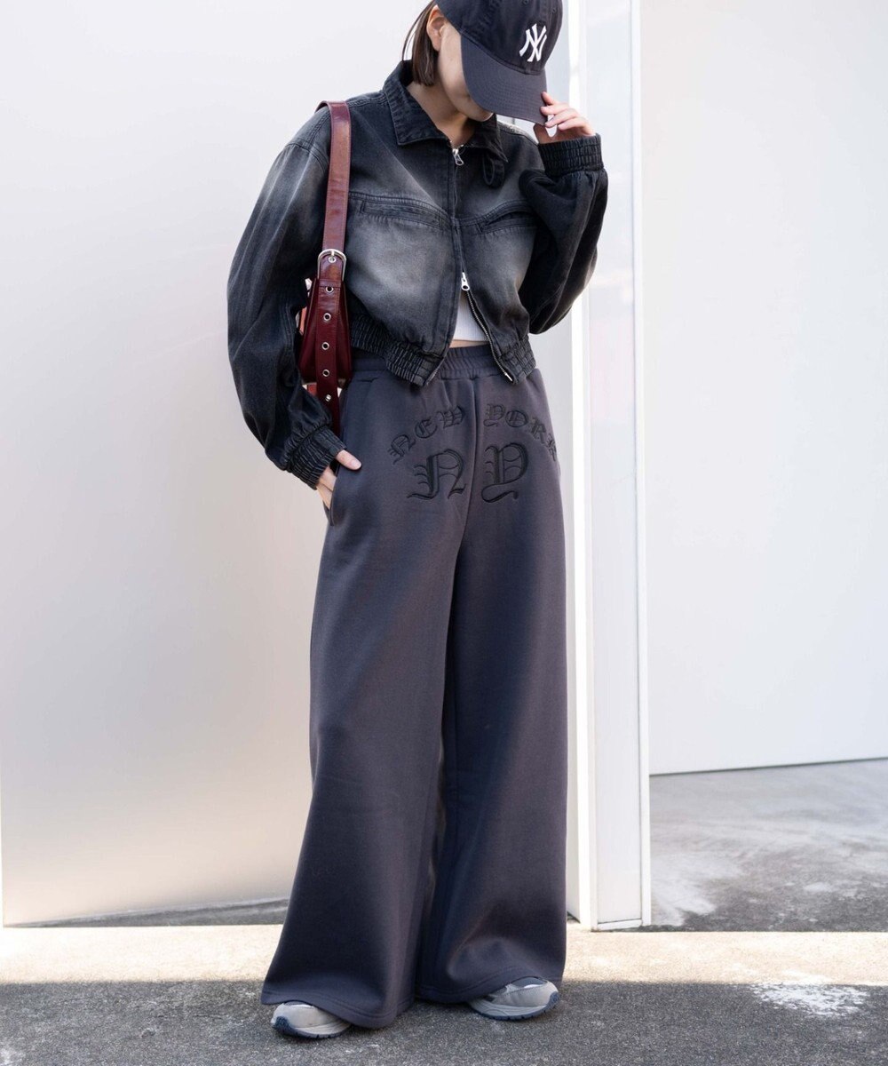 WEGO 【ウエストゴム】グラフィック刺繍裏起毛ワイドSWTパンツ 