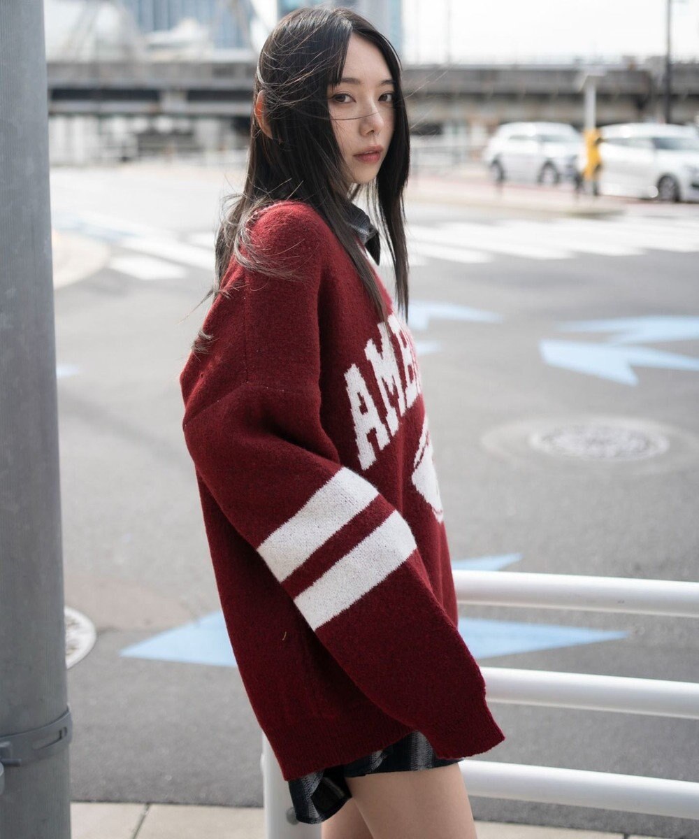 WEGO 【25年秋冬新作】フラッフィーVネックニットBIGプルオーバー 