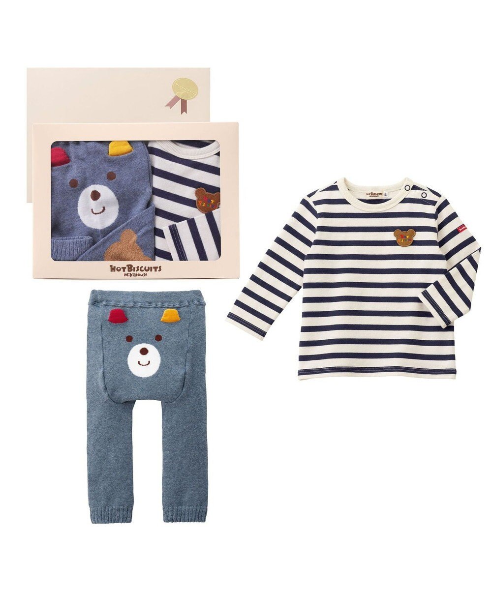 MIKI HOUSE HOT BISCUITS ボーダー柄長袖Tシャツ＆ベビースパッツギフトセット【BOX付き】 
