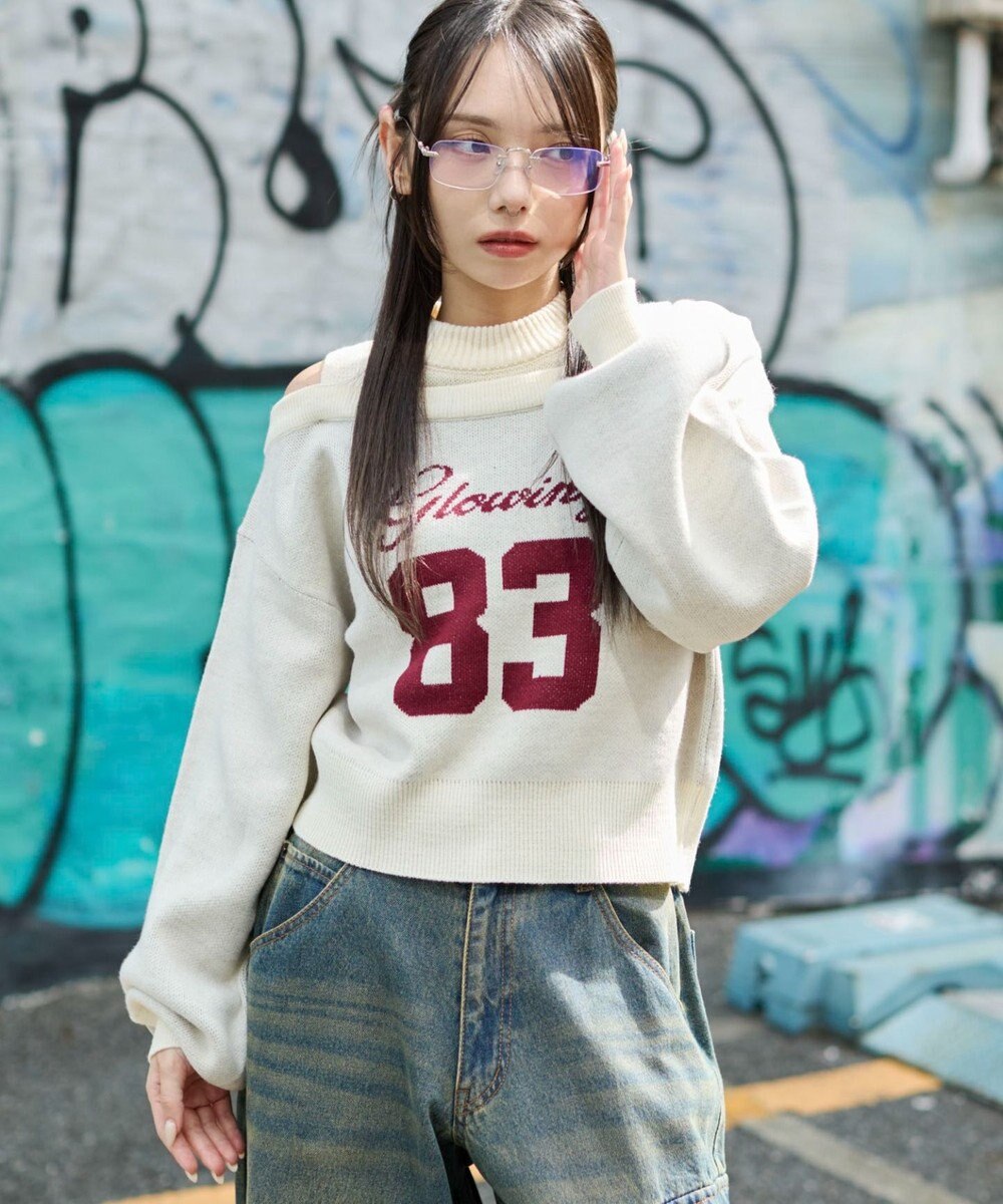 WEGO オープンショルダーナンバリングニット 