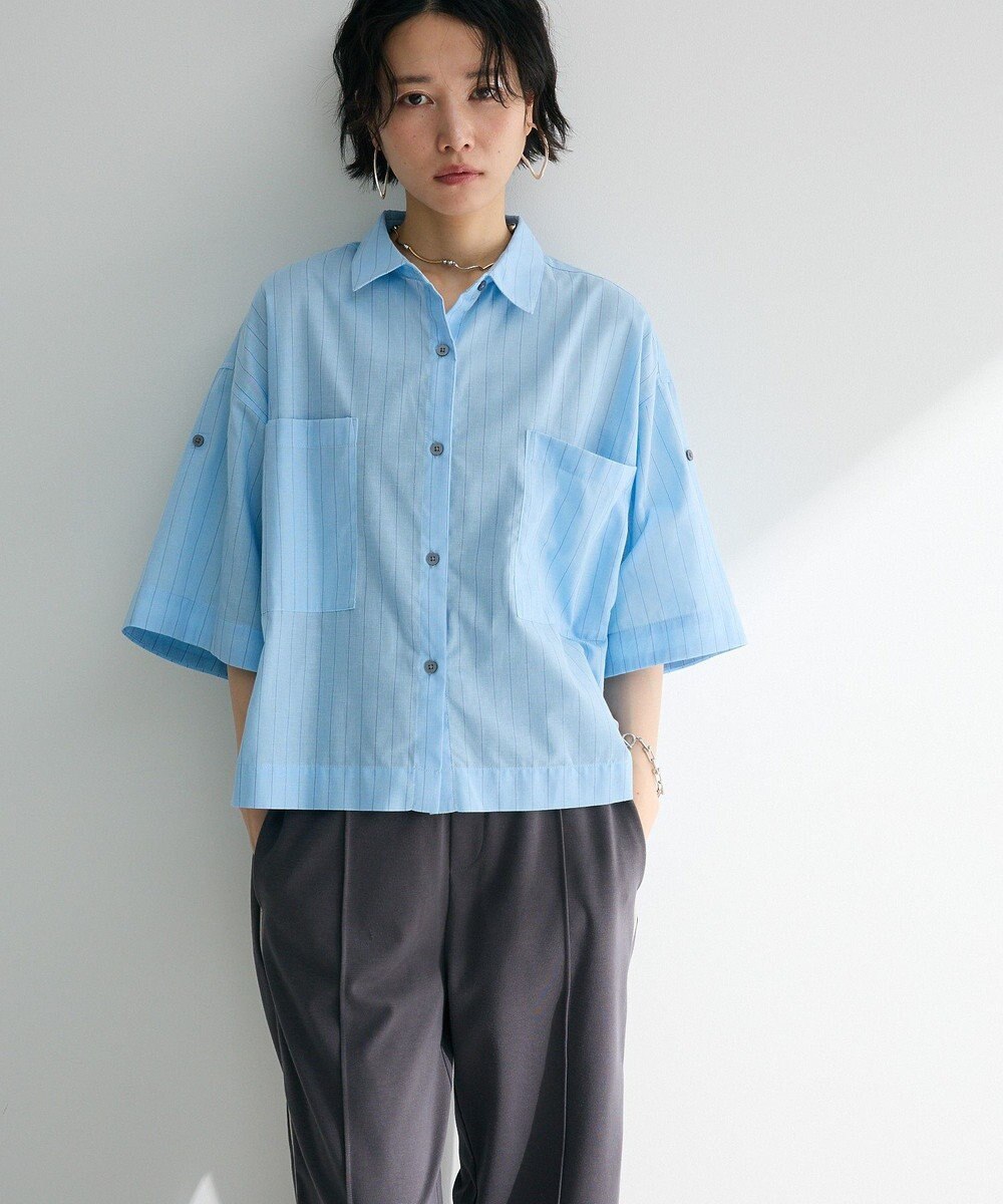 Green Parks 綿麻混５分袖ターンバックシャツ 