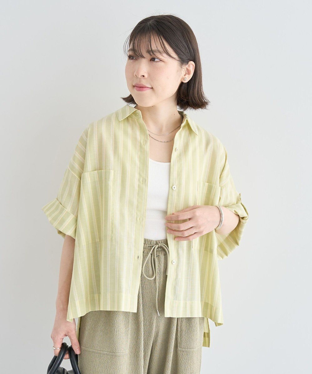 Green Parks 綿麻混５分袖ターンバックシャツ 