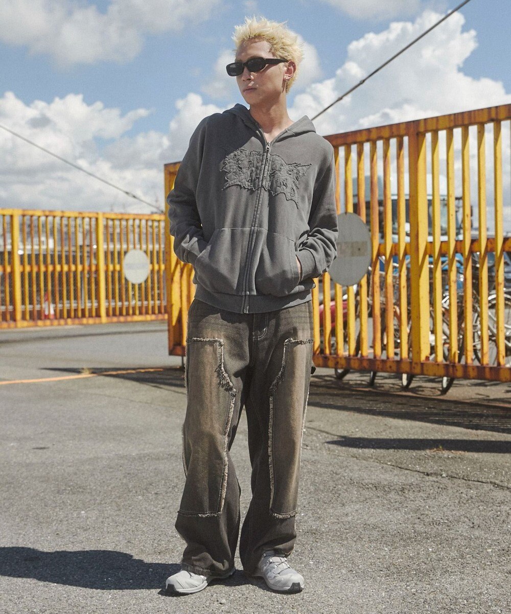 WEGO 【ユニセックス着用ITEM】ピグメントダメージアップリケZIPパーカー 