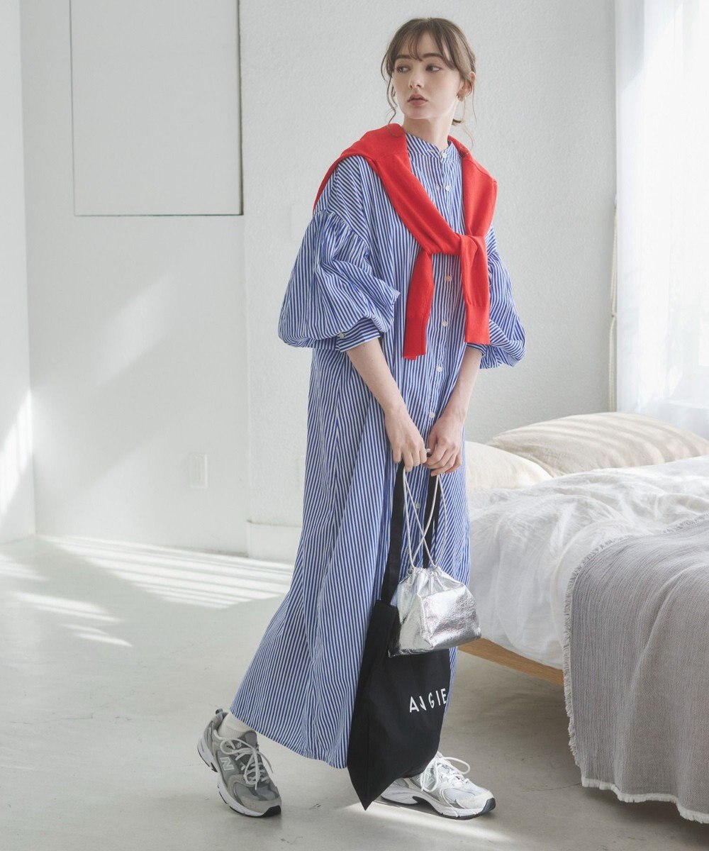 WEGO 【ANGIE VINTAGE】ボリュームスリーブ バンドカラー シャツワンピース 