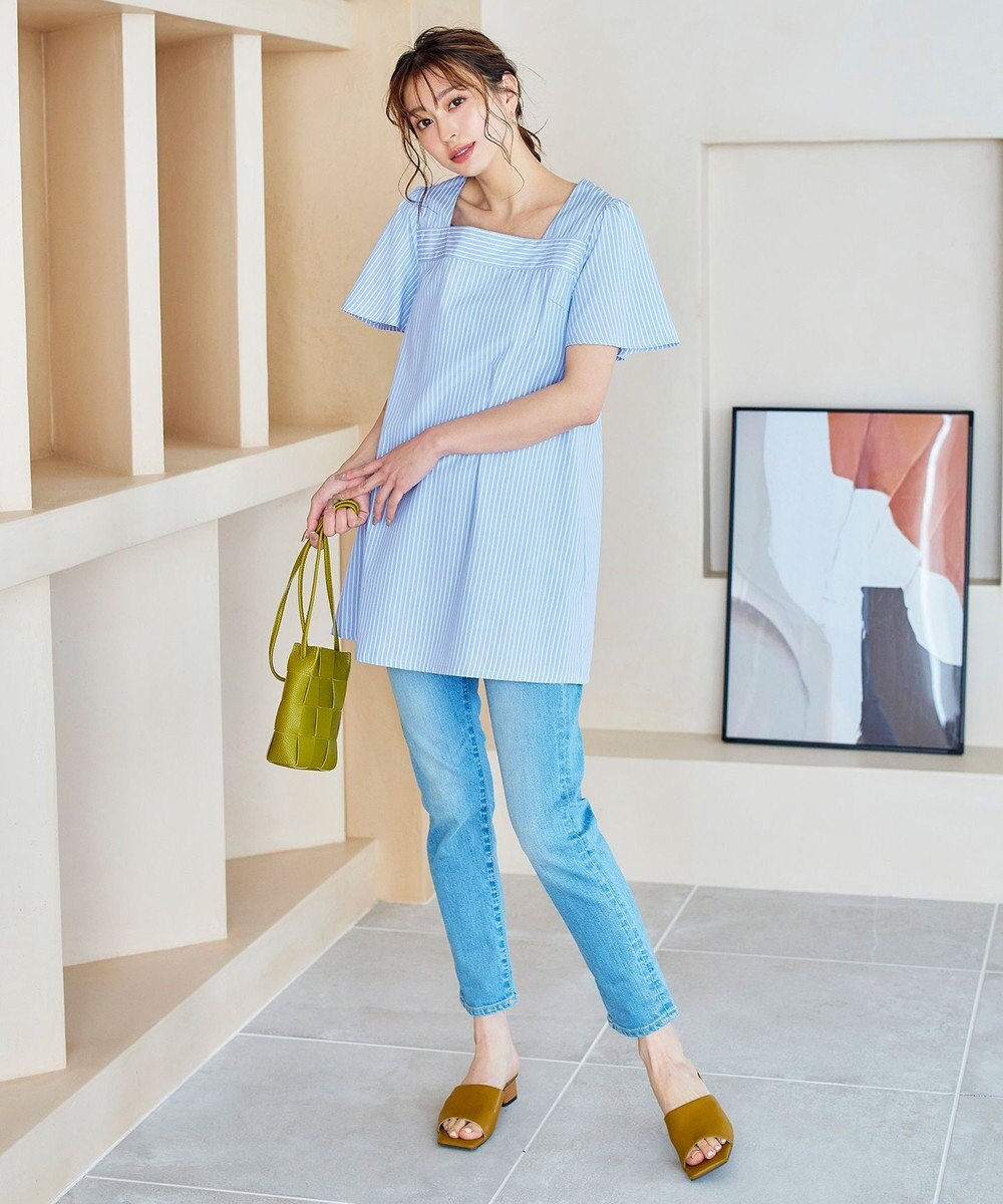 Tiaclasse 【洗える】ストライプフレアスリーブチュニックブラウス 