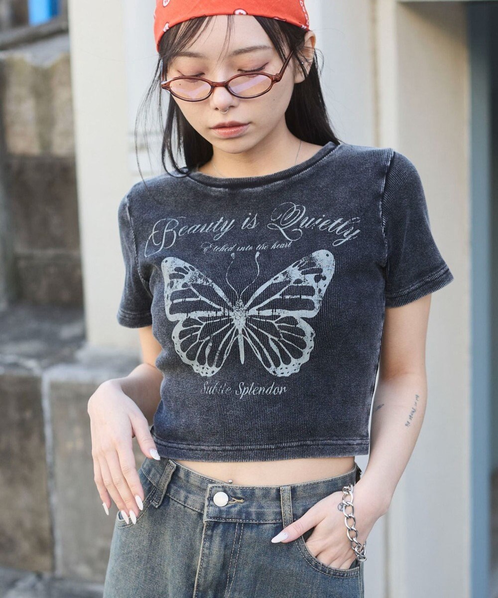 WEGO ヴィンテージウォッシュグラフィックリブT 