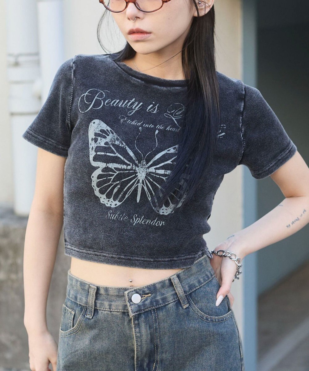 WEGO ヴィンテージウォッシュグラフィックリブT 