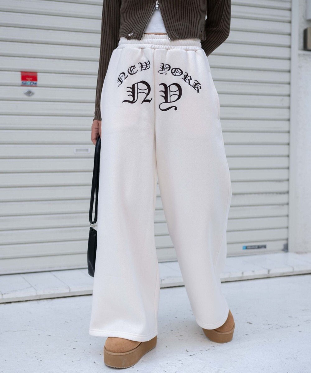 WEGO 【ウエストゴム】グラフィック刺繍裏起毛ワイドSWTパンツ 