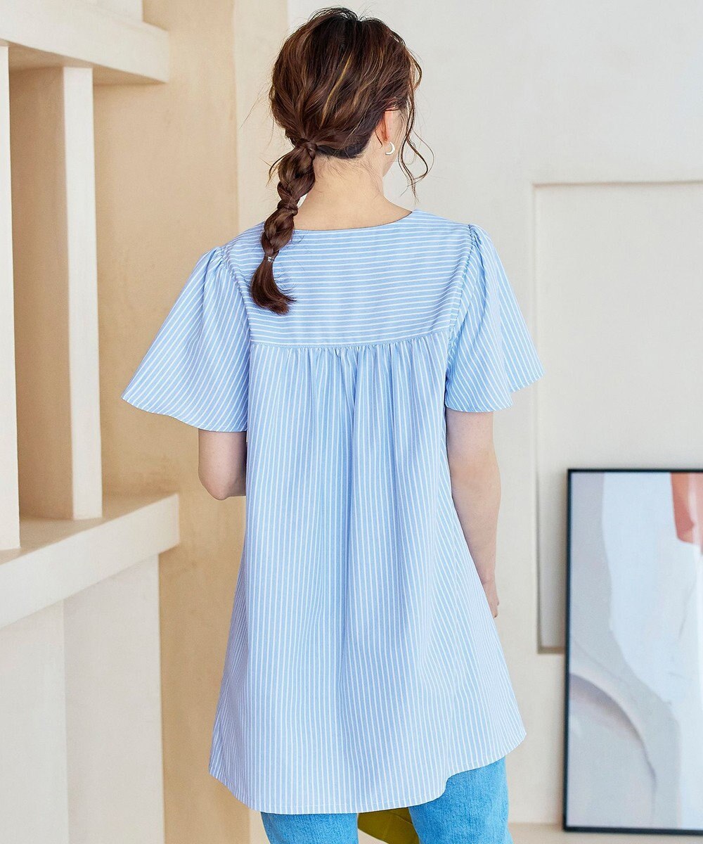 Tiaclasse 【洗える】ストライプフレアスリーブチュニックブラウス 