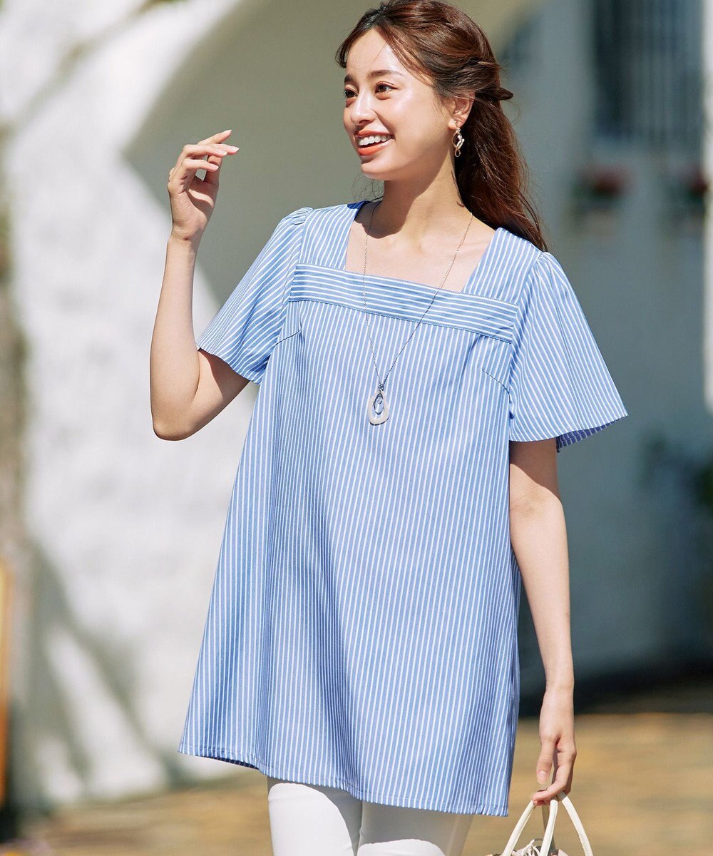 Tiaclasse 【洗える】ストライプフレアスリーブチュニックブラウス 