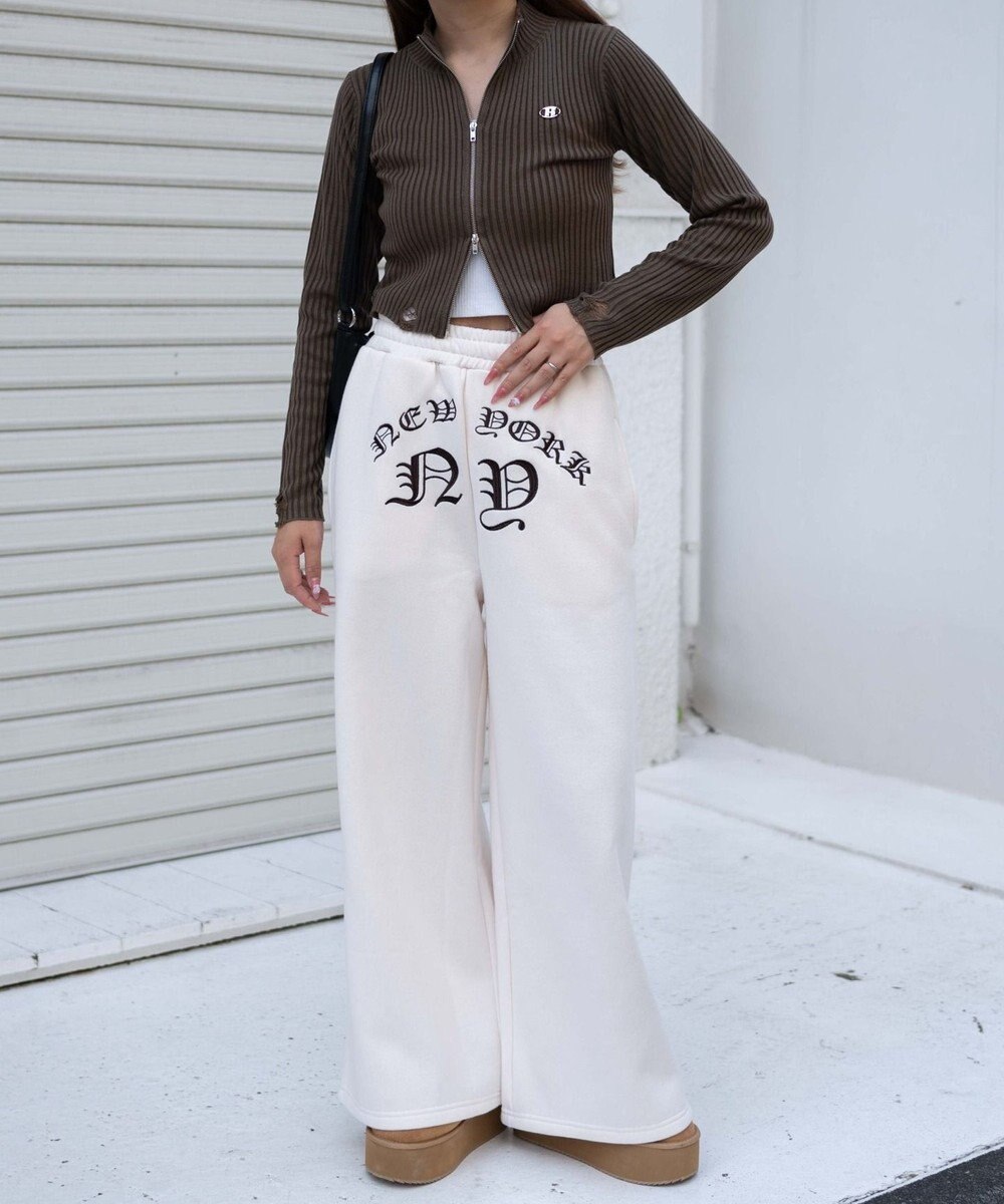 WEGO 【ウエストゴム】グラフィック刺繍裏起毛ワイドSWTパンツ 