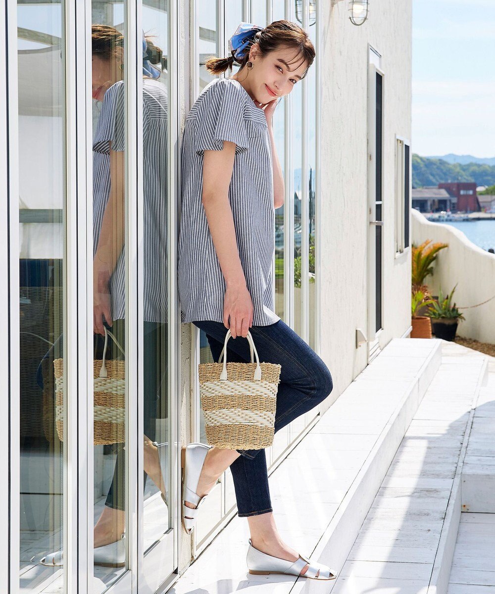 Tiaclasse 【洗える】ストライプフレアスリーブチュニックブラウス 