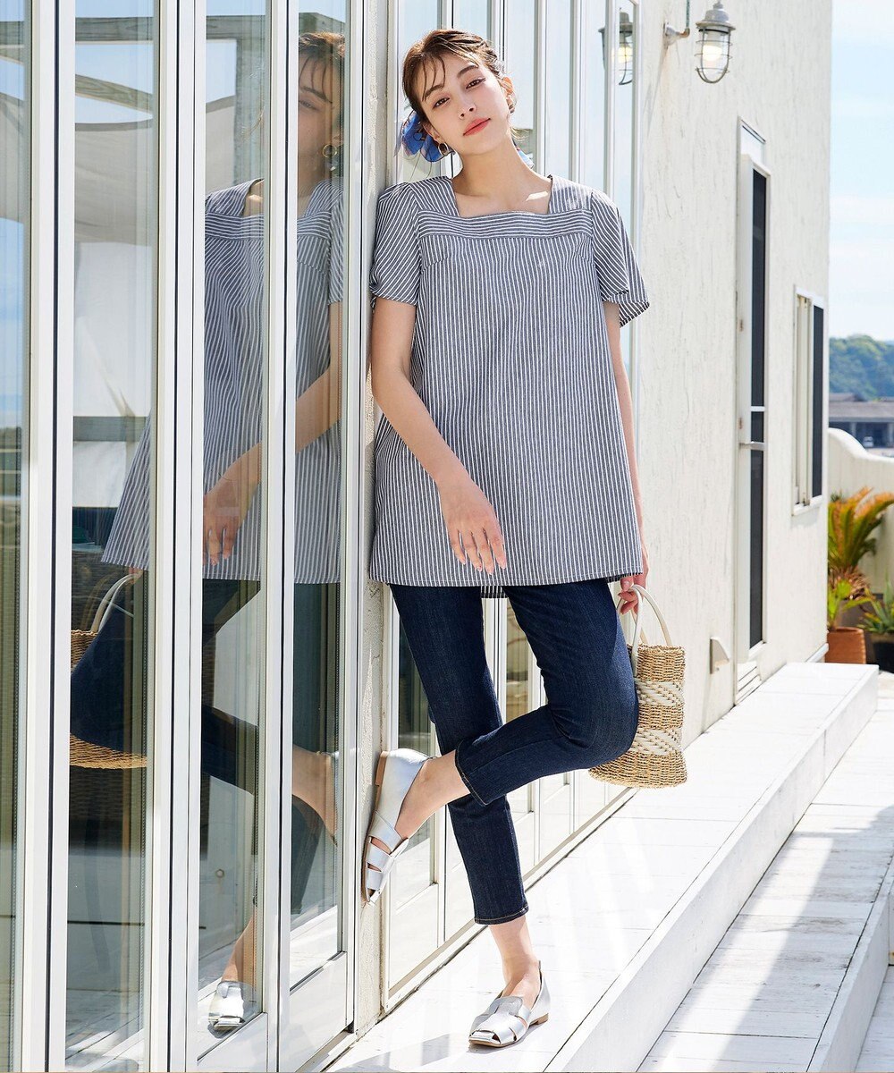 Tiaclasse 【洗える】ストライプフレアスリーブチュニックブラウス 