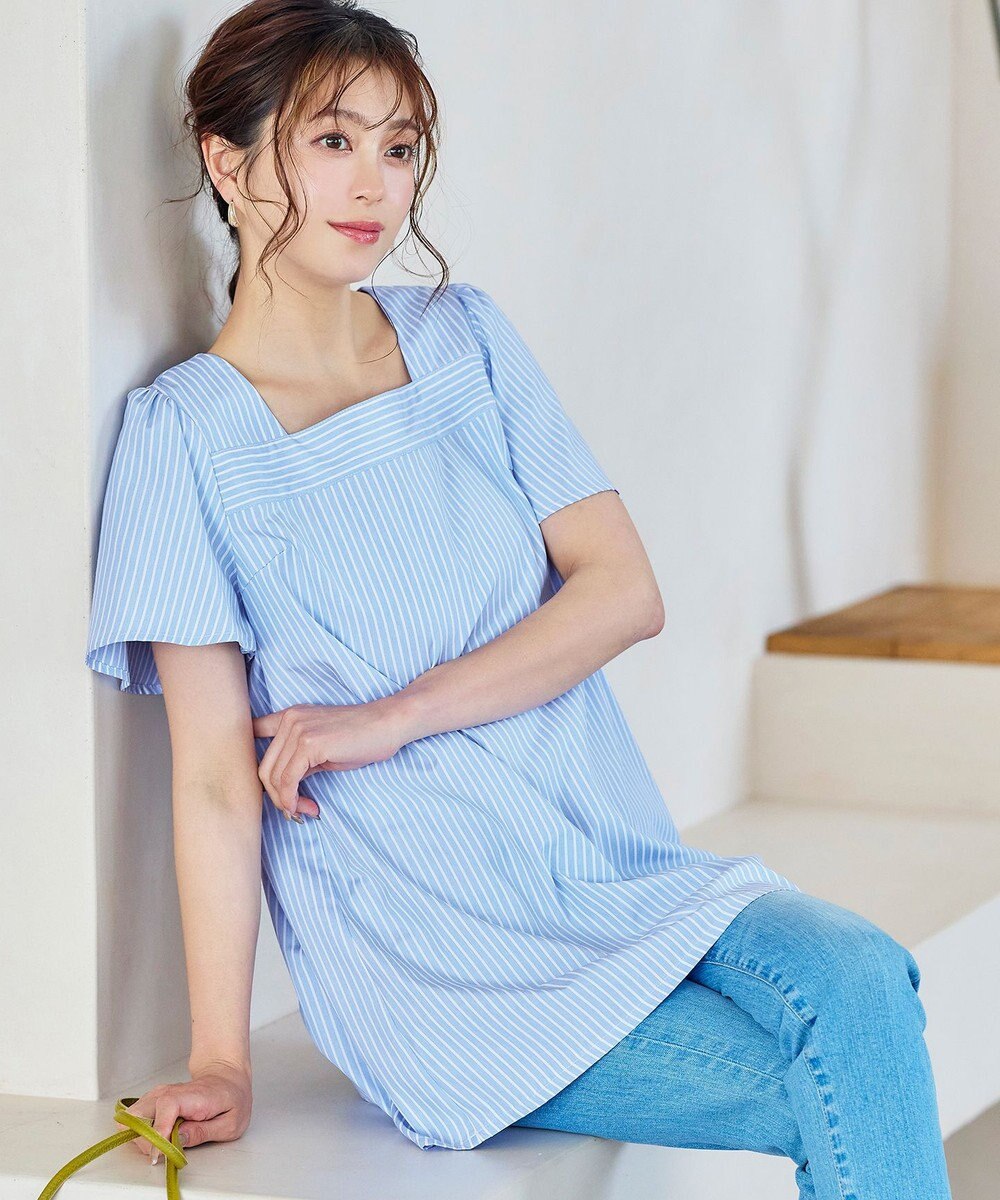 Tiaclasse 【洗える】ストライプフレアスリーブチュニックブラウス 