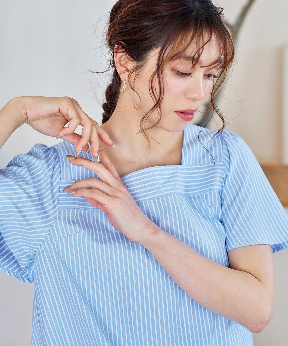 Tiaclasse 【洗える】ストライプフレアスリーブチュニックブラウス 