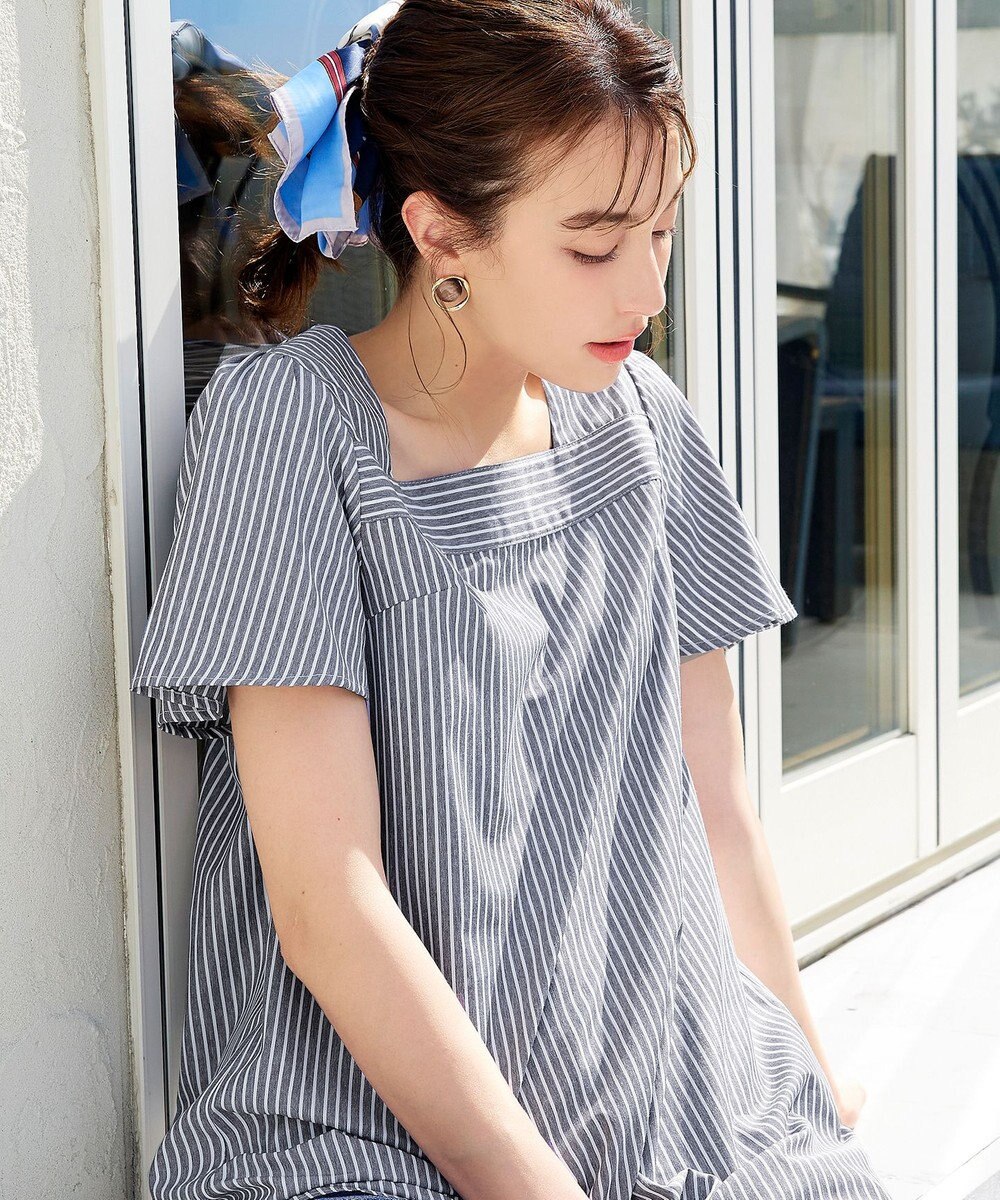 Tiaclasse 【洗える】ストライプフレアスリーブチュニックブラウス 