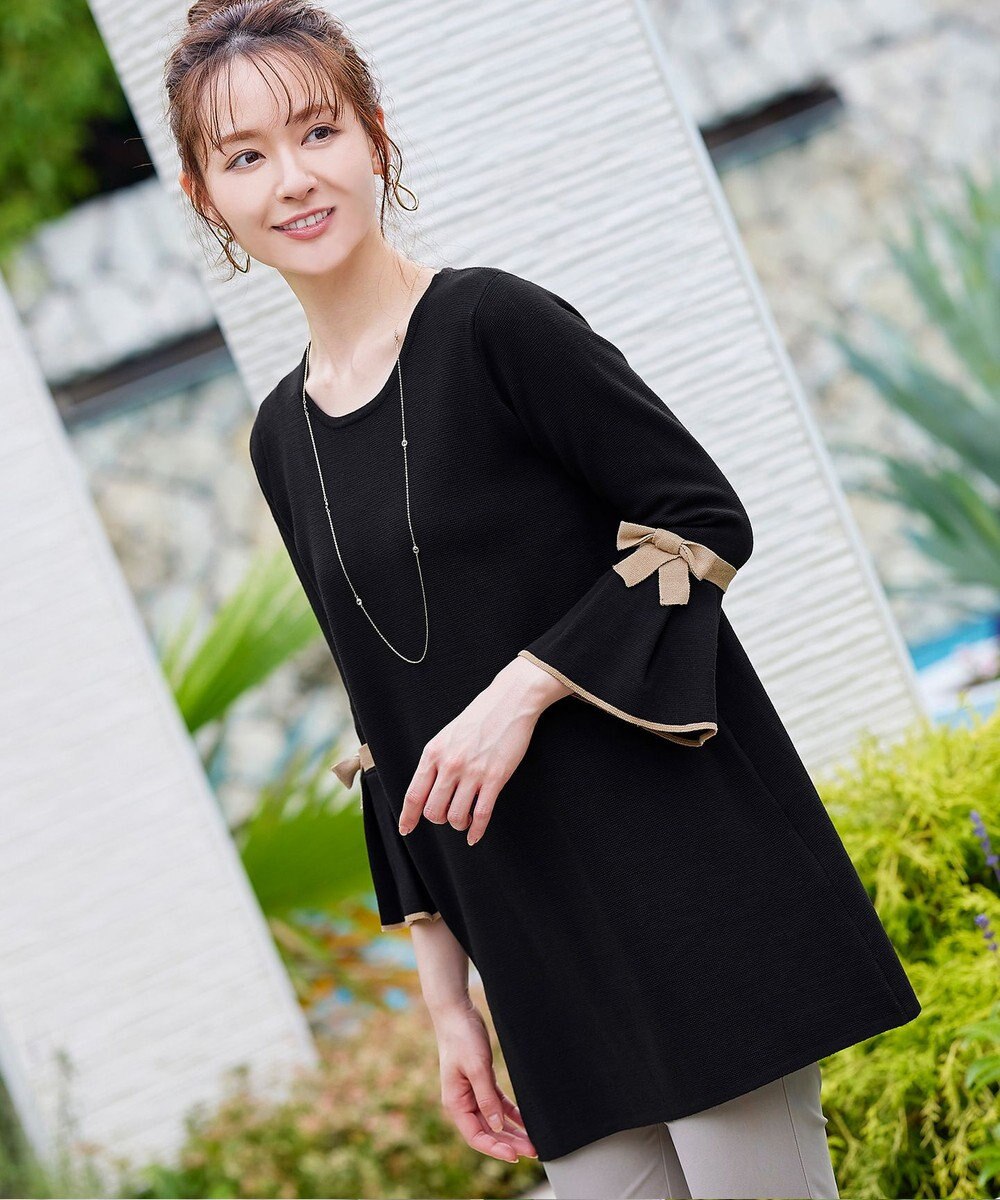 Tiaclasse L 【洗える】ミラノリブ編みのフレア袖ニットチュニック 