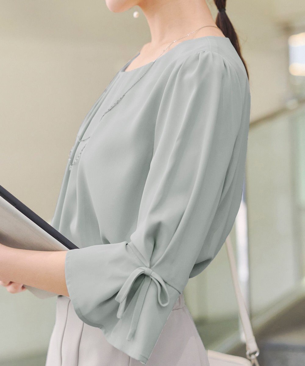 Tiaclasse 【洗える】リボン付きタックフレア袖ブラウス 