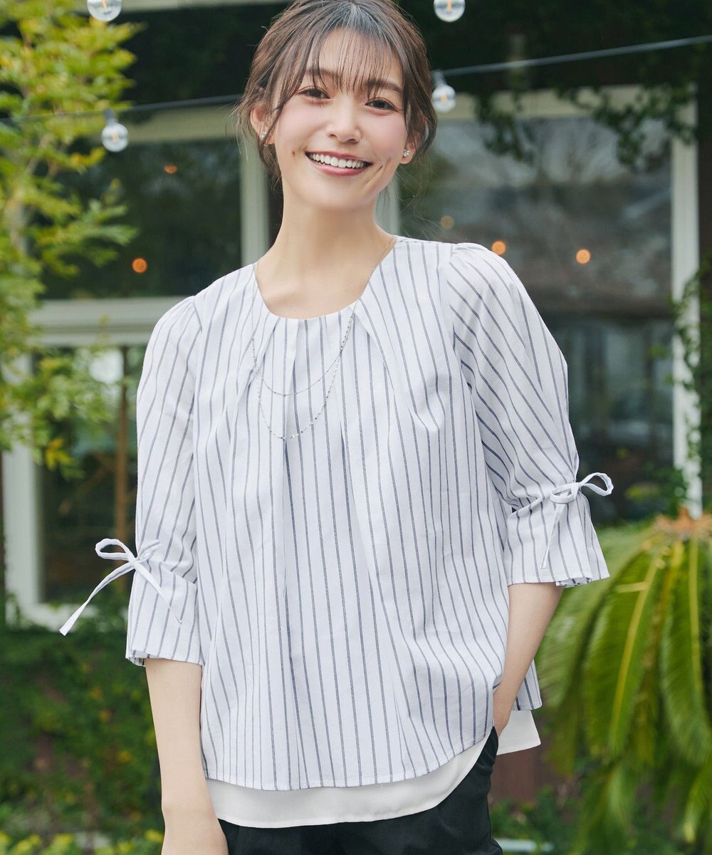 Tiaclasse L ストライプリボンレイヤードブラウス 