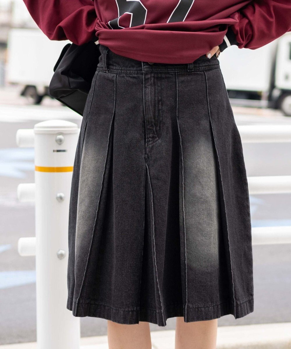 WEGO ヴィンテージウォッシュデニムプリーツミドルスカート 