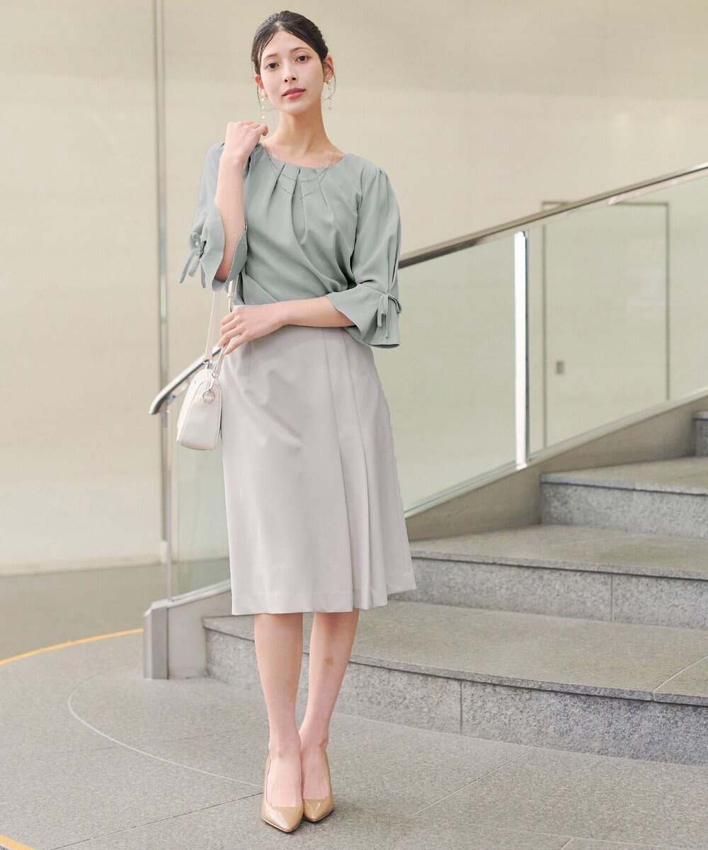 Tiaclasse 【洗える】リボン付きタックフレア袖ブラウス 